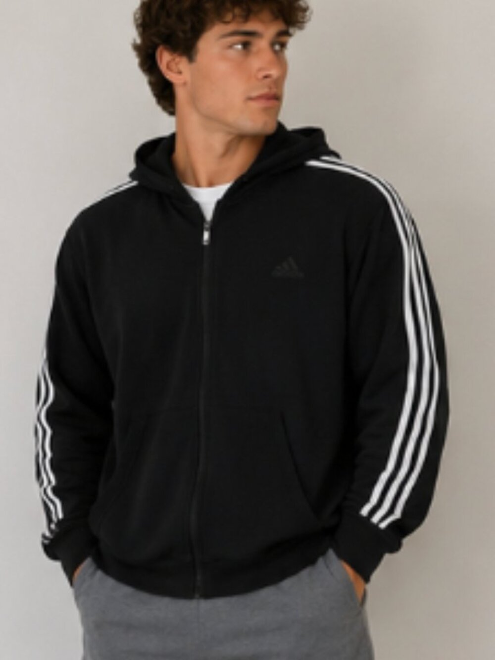 Adidas Black 3-Stripes Full Zip Hoodie XL Fleece Lined Athletic Jacket